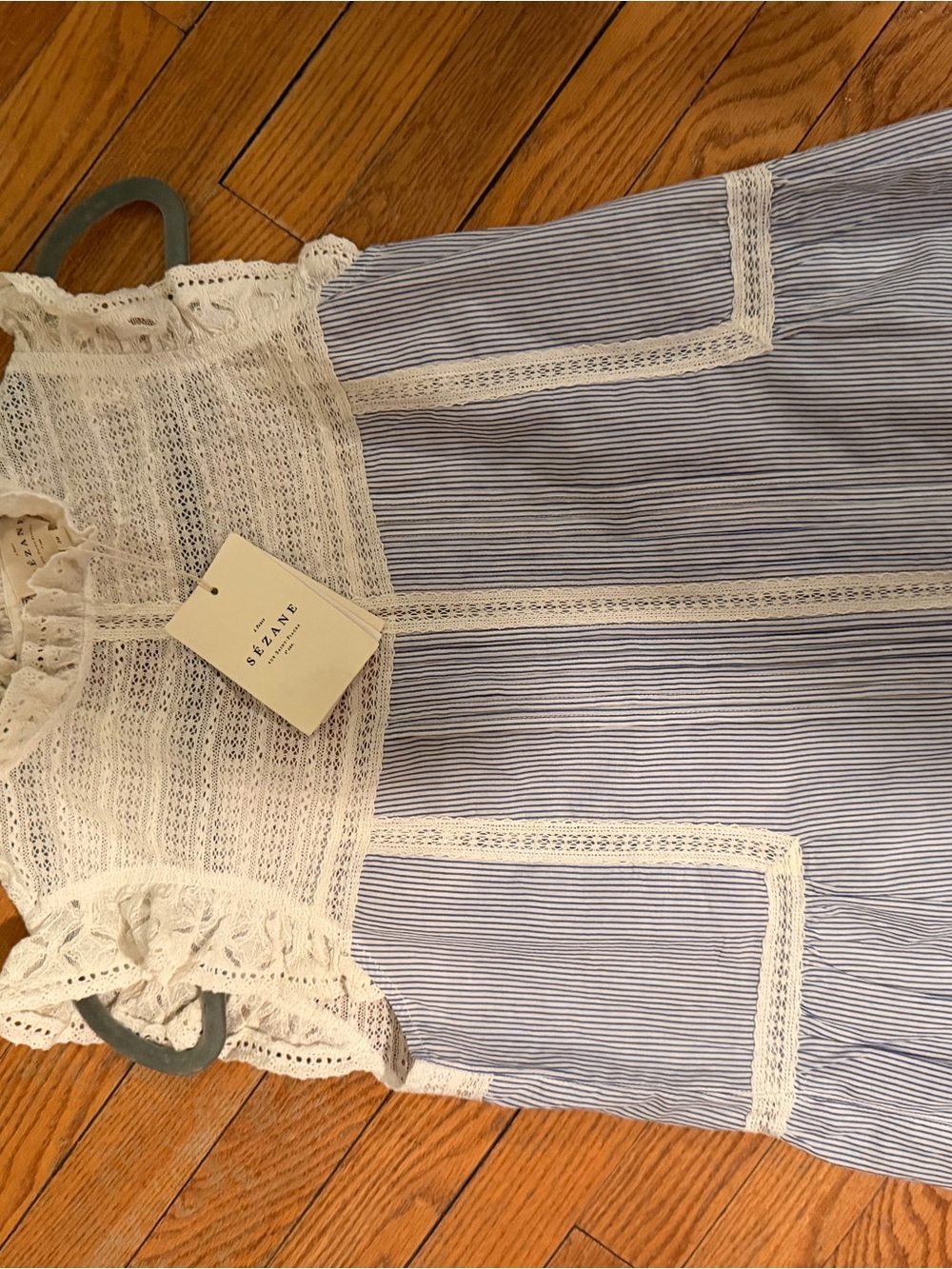 Sezane Blue Striped Lace-Trim blouse NWT